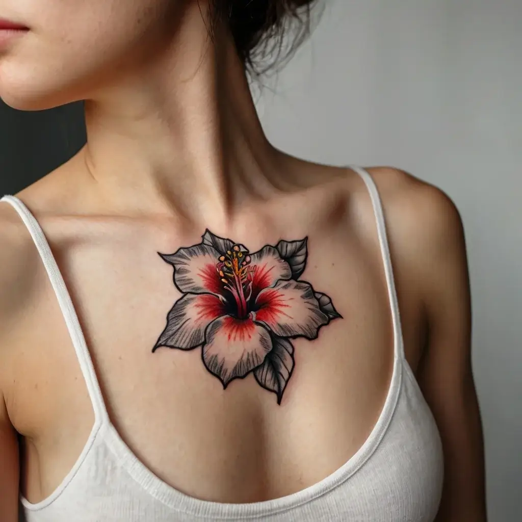 Tattoo of a vibrant hibiscus flower on the chest, with rich red accents and detailed shading for depth and realism.