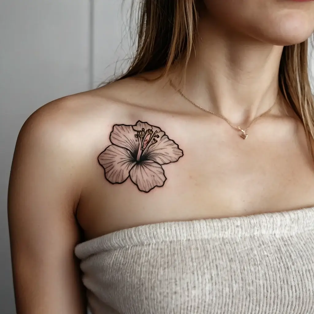 A delicate hibiscus flower tattoo in soft pink, outlined in black, adorns the upper chest, symbolizing beauty and grace.