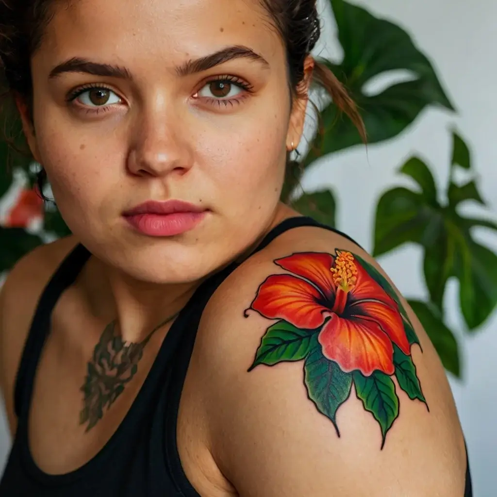 A vibrant hibiscus tattoo on the shoulder, featuring bright orange petals and lush green leaves, expertly detailed.