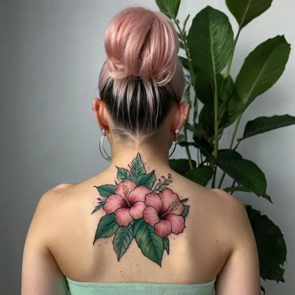 Tattoo of three pink hibiscus flowers surrounded by green leaves, centered on the upper back.