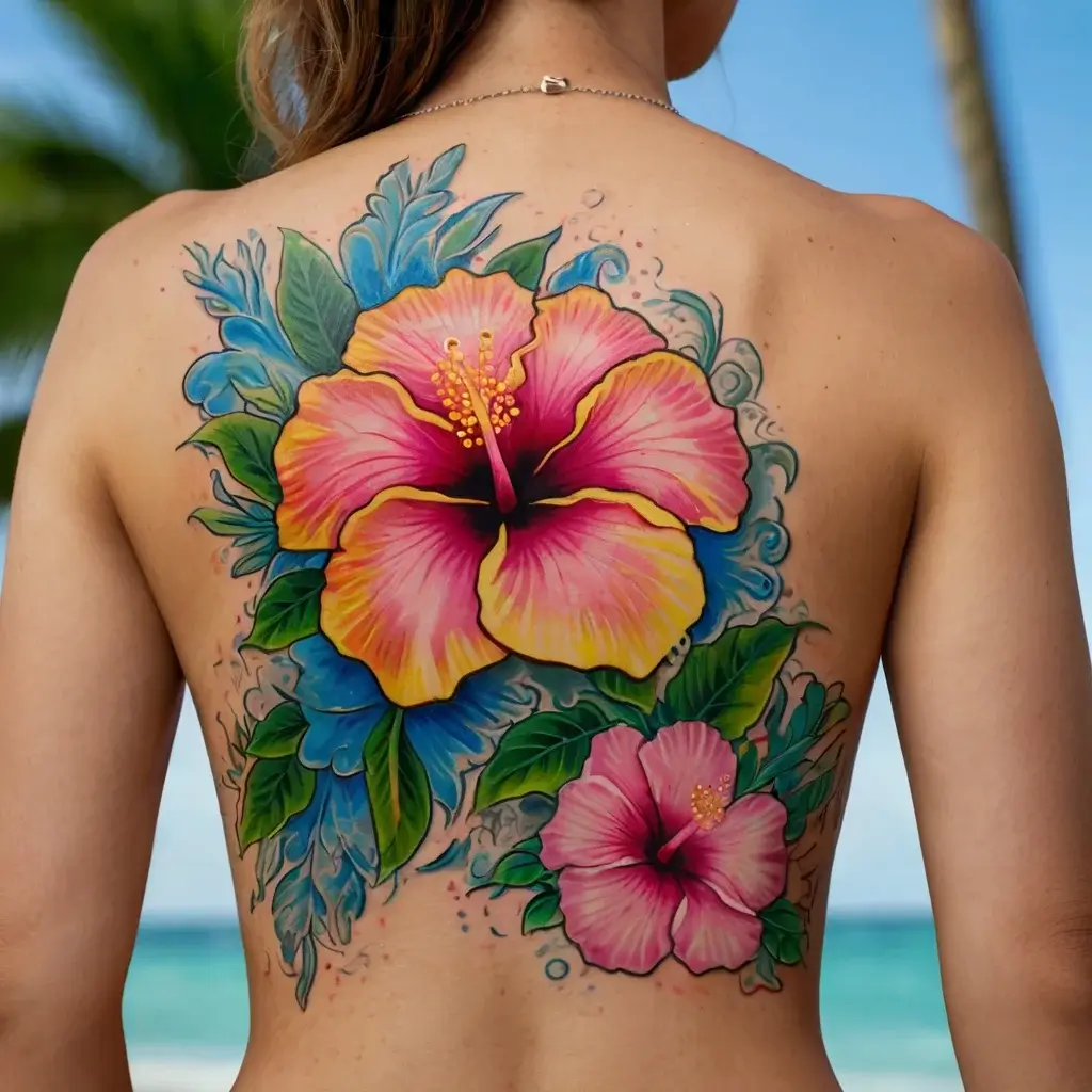 Vivid hibiscus flowers tattooed on the back, blending pink, yellow, and blue hues with lush green leaves and swirling accents.