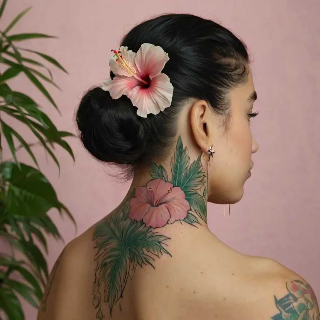 Neck tattoo of a pink hibiscus with lush green leaves, echoing the real flower in her hair, symbolizing tropical beauty.