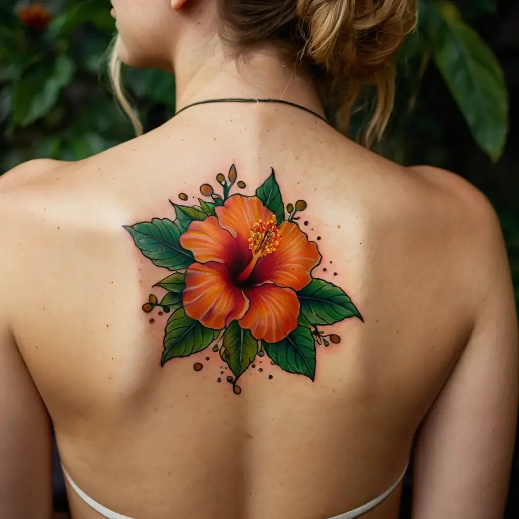 Ornate hibiscus tattoo on back with vibrant orange petals and lush green leaves, accented by delicate dots and swirls.