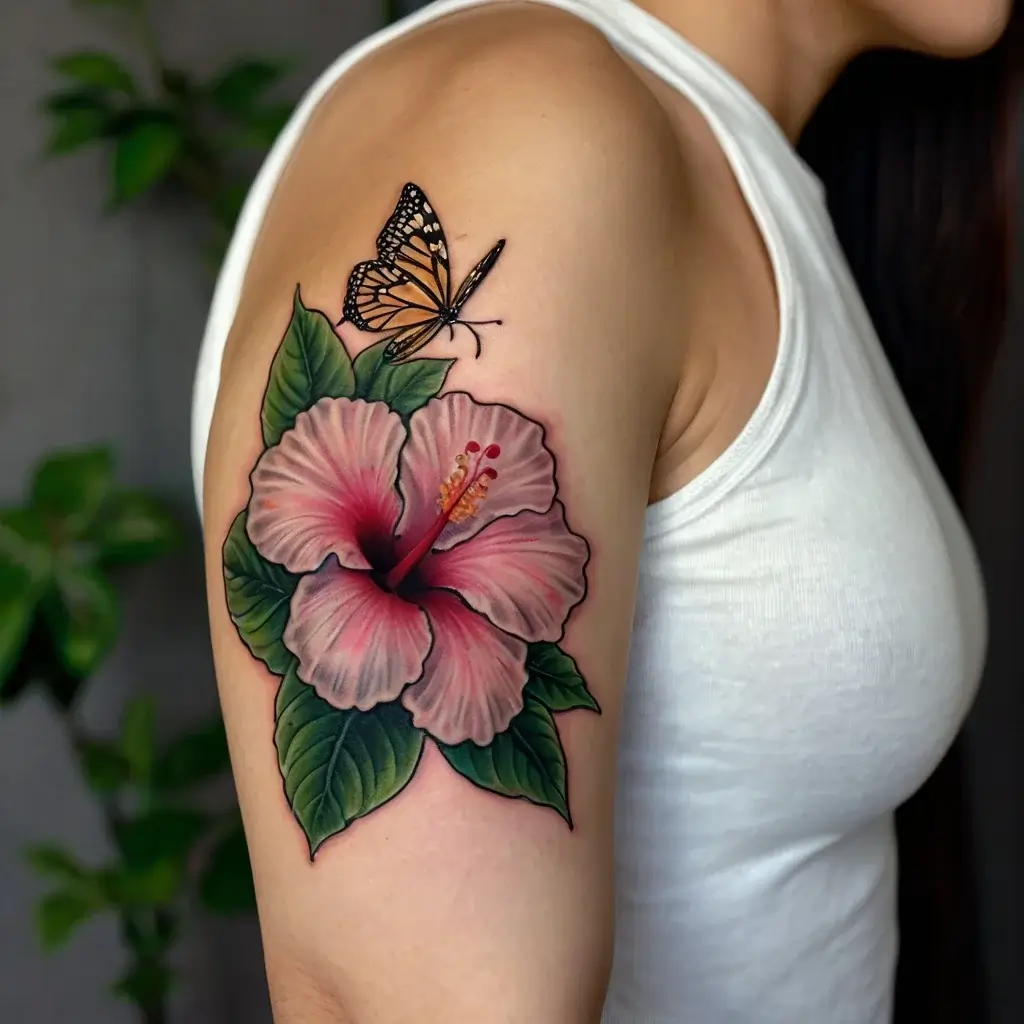 Tattoo of a vibrant pink hibiscus flower with lush green leaves and a detailed butterfly perched on top.