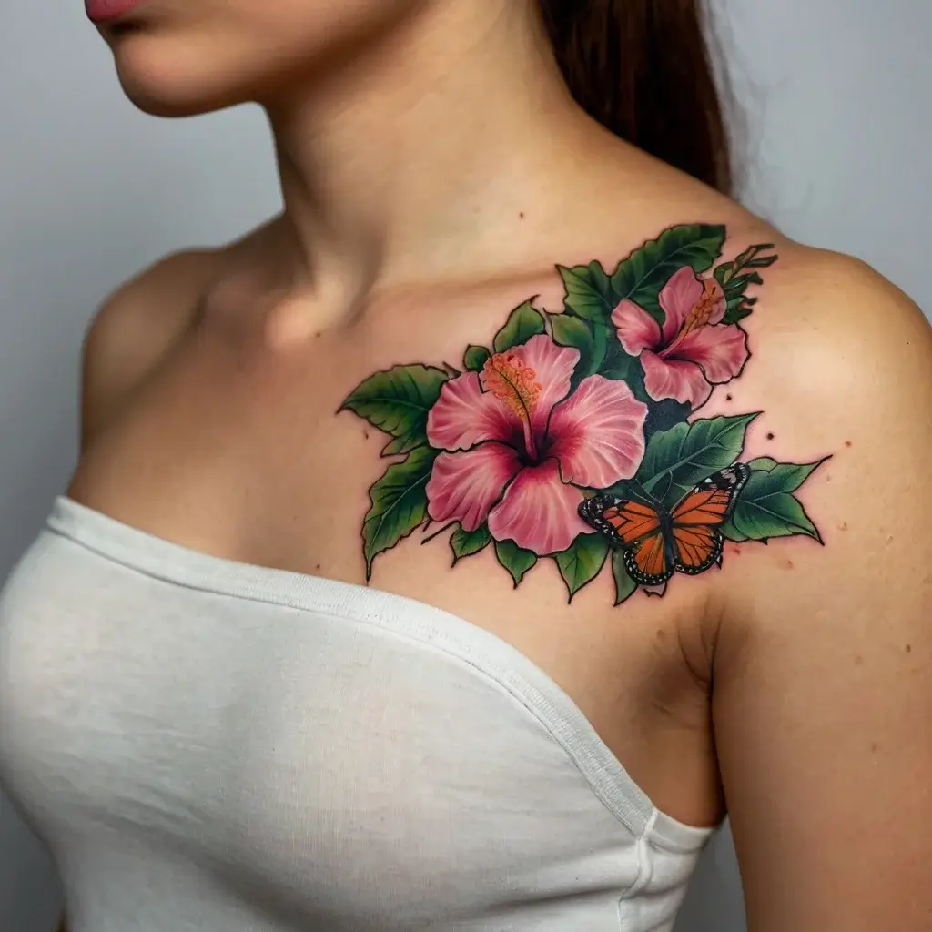 Colorful hibiscus flowers and a Monarch butterfly tattooed on the shoulder, symbolizing beauty and transformation.