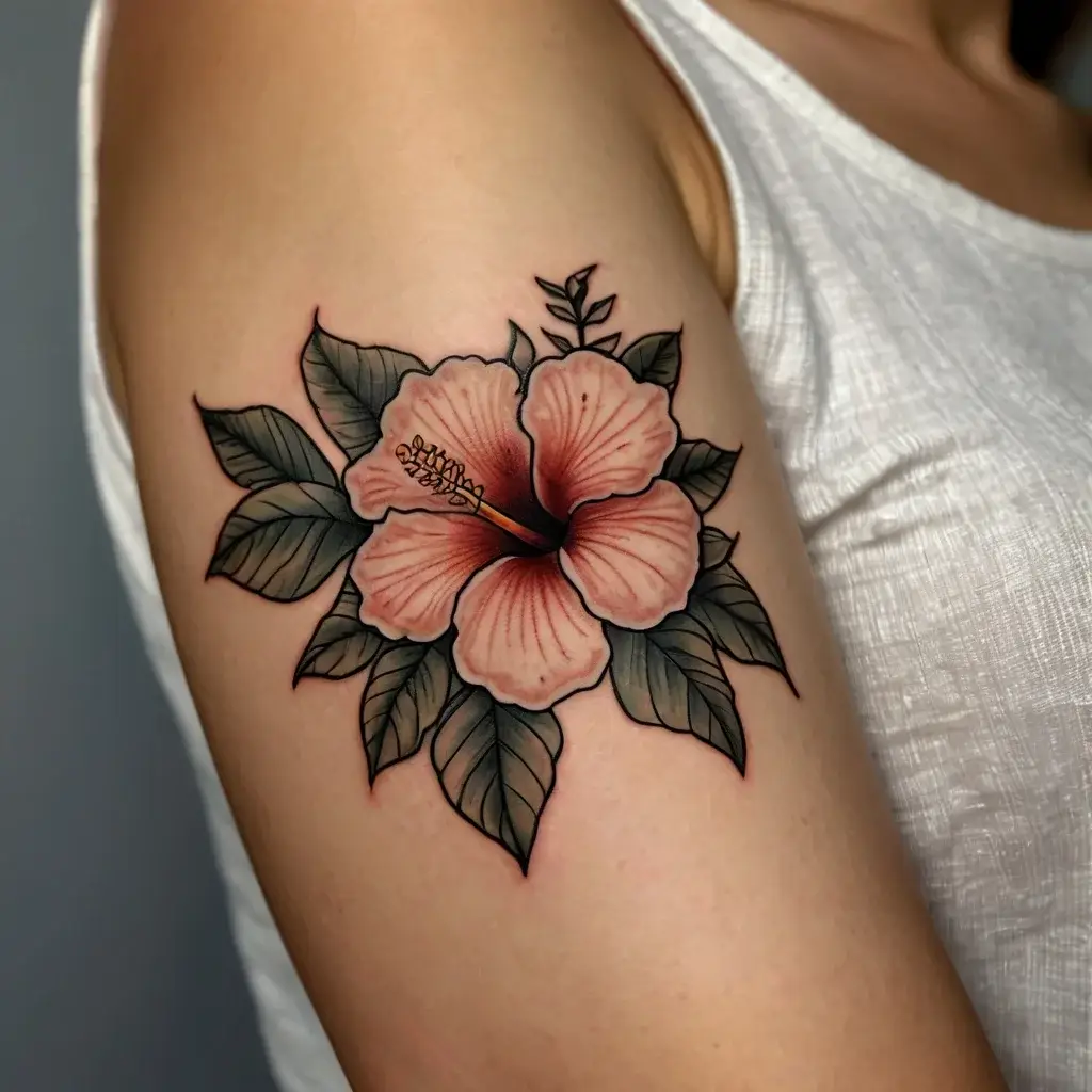 A vibrant hibiscus tattoo with pink petals and green leaves, showcasing detailed shading and a lifelike appearance.