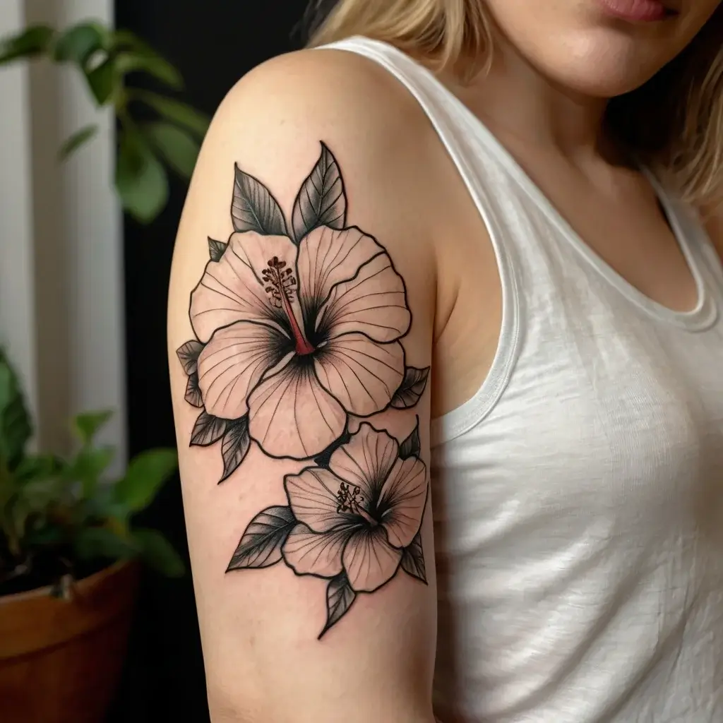 Tattoo of two hibiscus flowers in black and gray with detailed line work and shading on an upper arm.