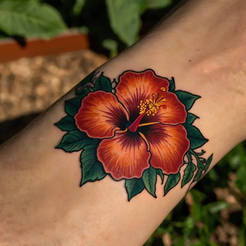 Vibrant hibiscus tattoo with deep orange petals and lush green leaves, showcasing bold outlines and shading detail.