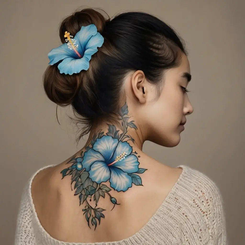 Neck tattoo of a vibrant blue hibiscus with detailed leaves and buds, harmonizing with the matching hair accessory.