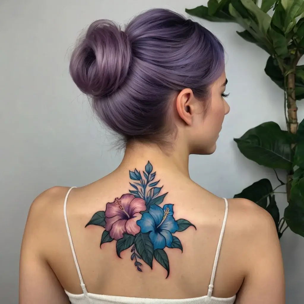 Tattoo of vibrant pink and blue hibiscus flowers with green leaves on the upper back, symbolizing beauty and balance.