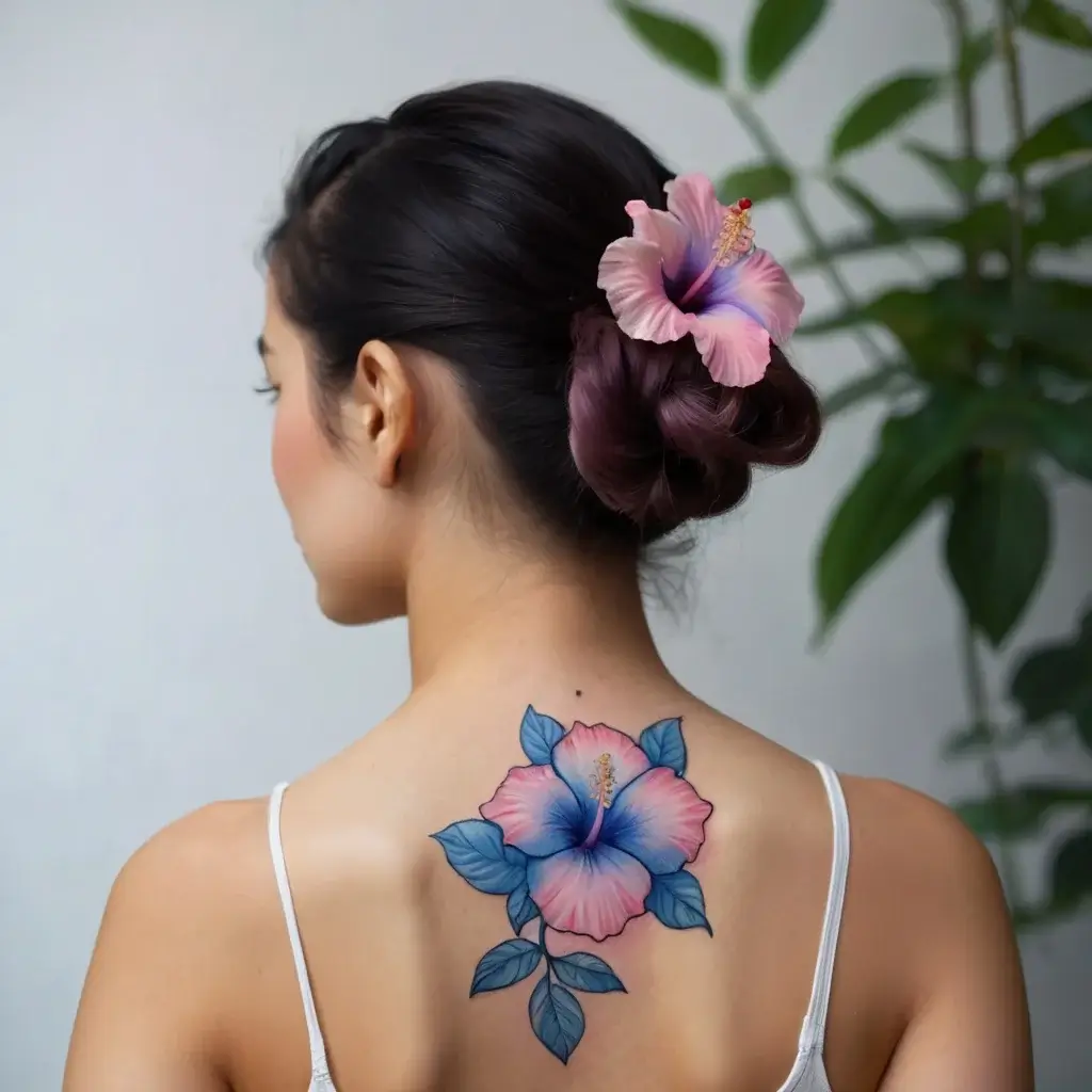 A vibrant pink and blue hibiscus tattoo on upper back, detailed petals and leaves, matching flower in her hair.