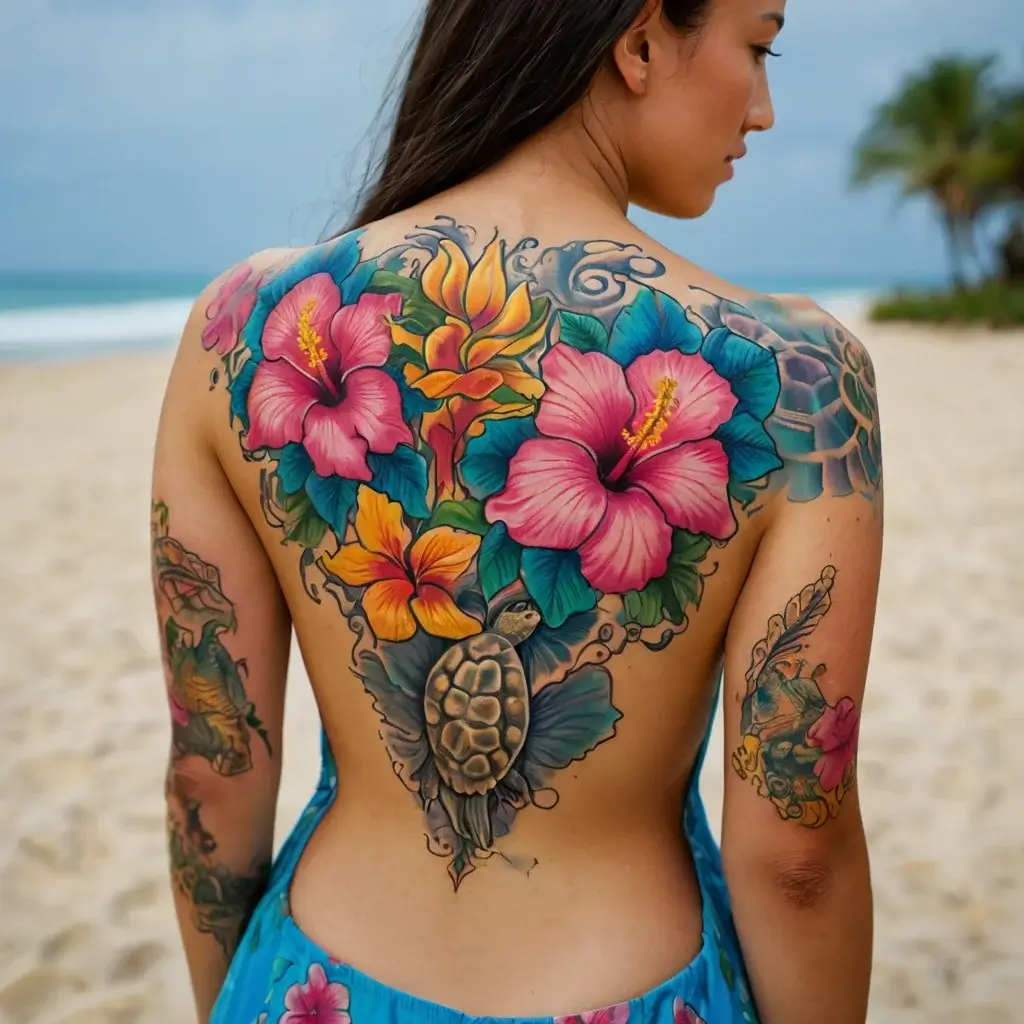 Vivid back tattoo with hibiscus flowers, tropical leaves, and a turtle, creating a bold, colorful oceanic theme.