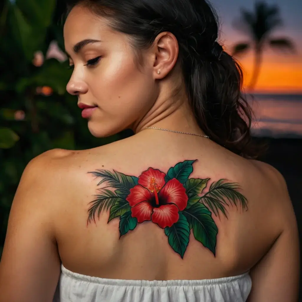 A vibrant hibiscus tattoo on the back, with green leaves, showcasing a tropical and artistic design.