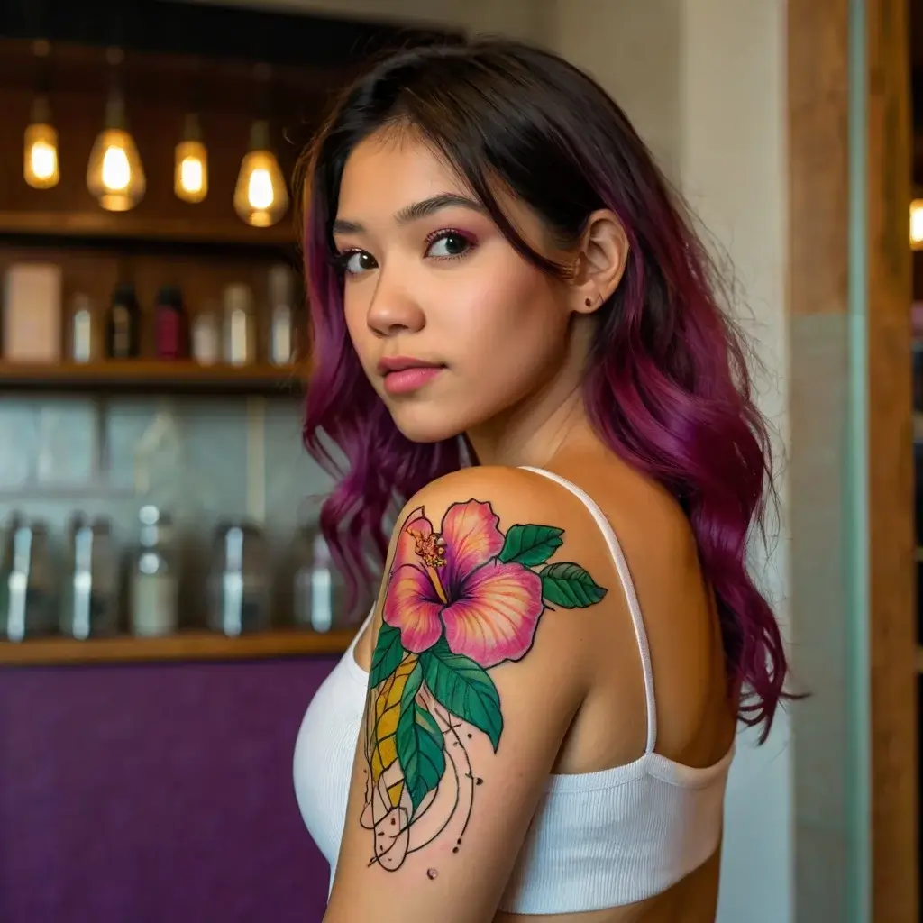 Vibrant hibiscus tattoo with pink petals and green leaves, detailed shading, and a swirl pattern on the upper arm.