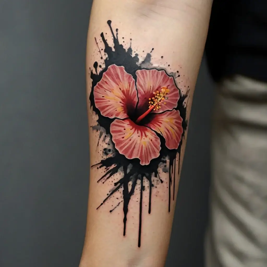 Realistic hibiscus tattoo with pink petals and yellow pistil, set against splattered black ink background.