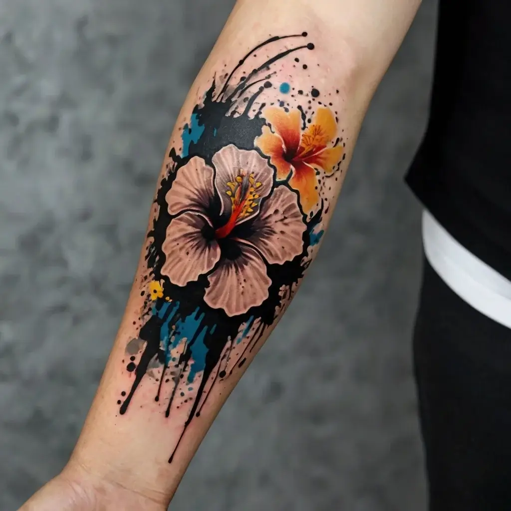 Forearm tattoo of hibiscus flowers with vibrant watercolor splashes in orange, blue, and black, creating a dynamic effect.