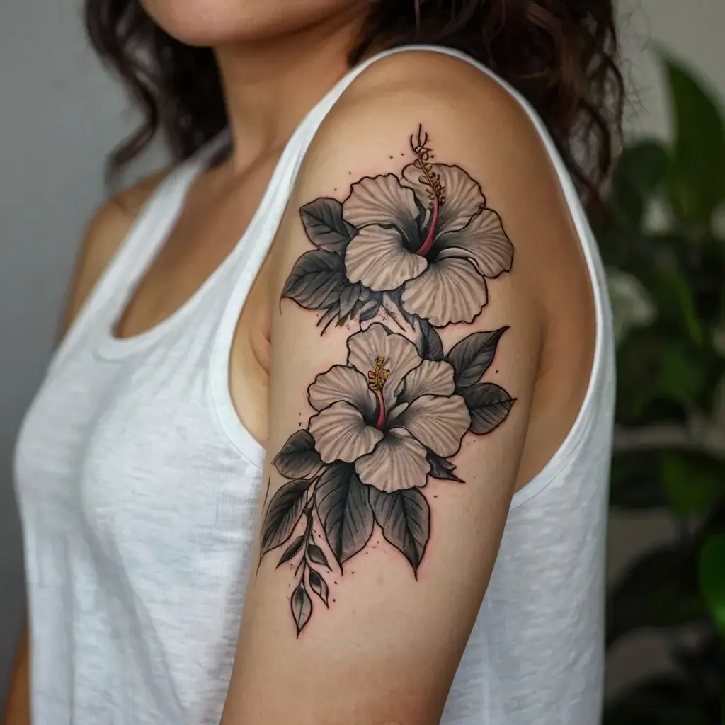 Arm tattoo of two detailed hibiscus flowers with shaded petals and dark green leaves, creating a graceful natural look.