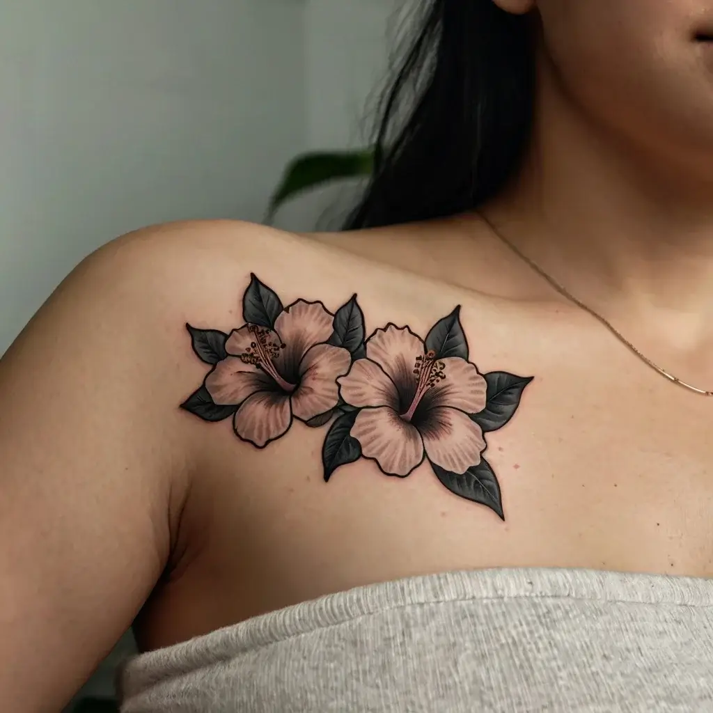 Two realistic hibiscus flowers with soft pink petals and dark leaves are tattooed on the shoulder, emphasizing elegance.