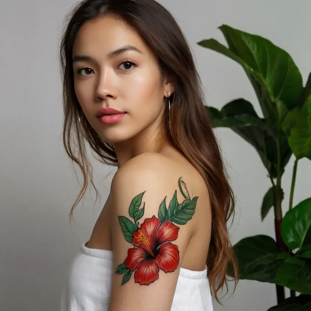 A vibrant red hibiscus tattoo with lush green leaves on the shoulder, symbolizing beauty and exotic allure.