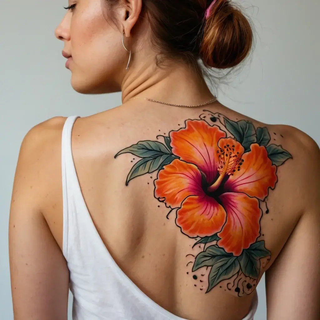 Tattoo of a vibrant orange hibiscus flower with detailed shading and green leaves on a woman's upper back.