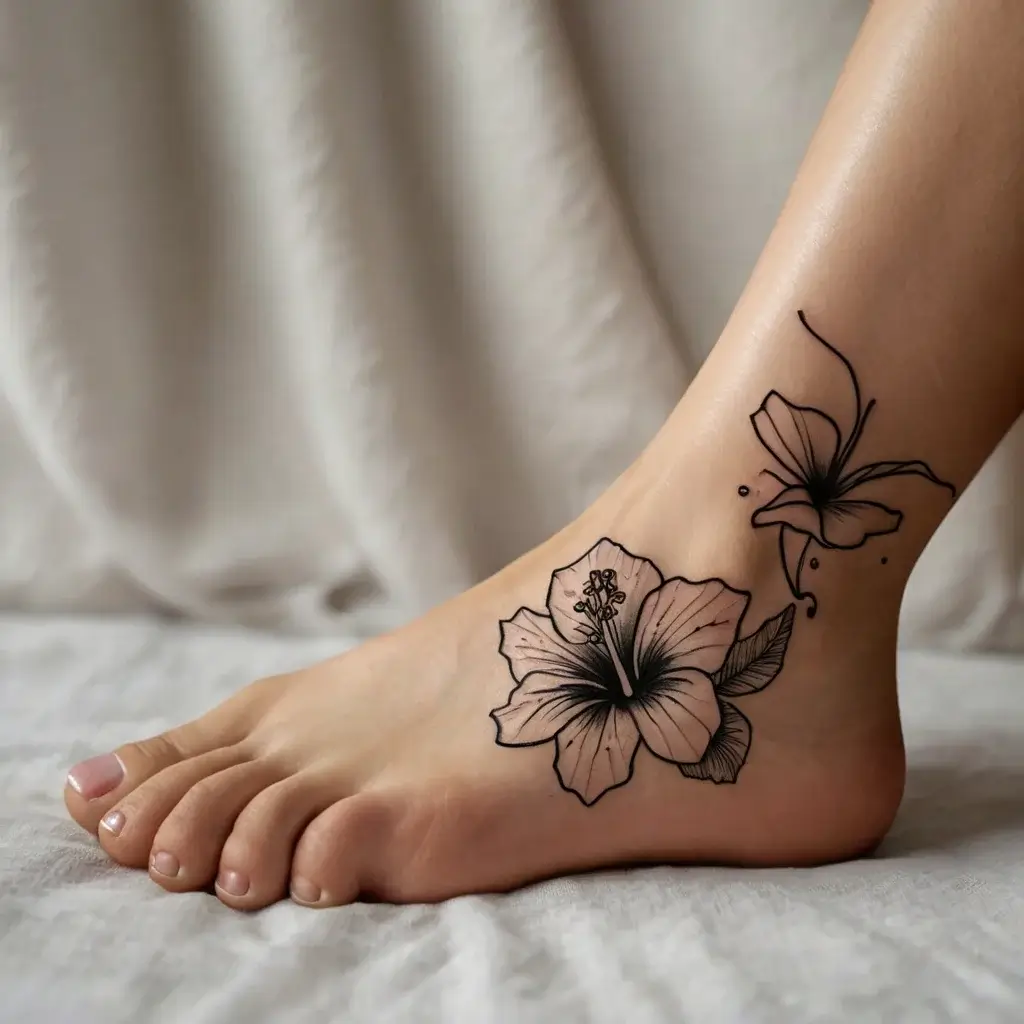 Tattoo of hibiscus flowers in fine black line art on the foot, showcasing intricate petals and delicate leaves.