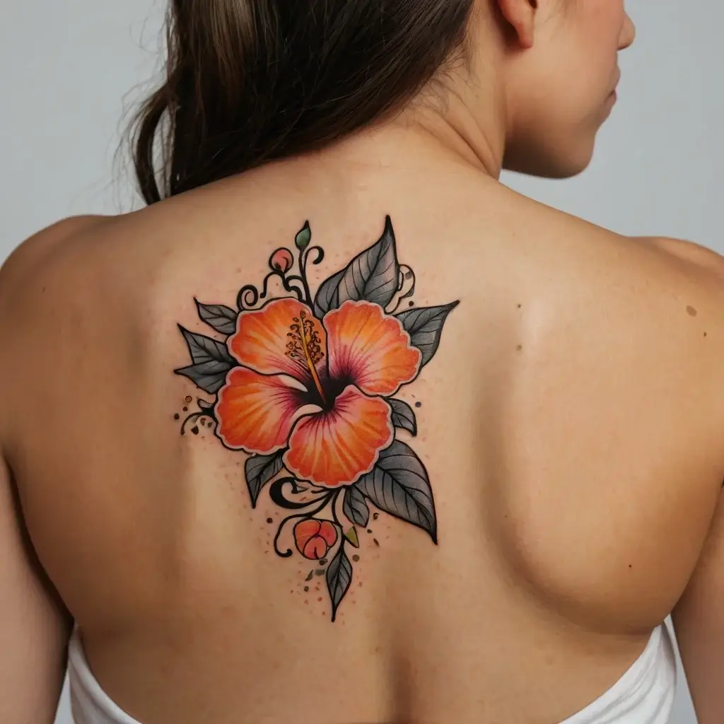 A vibrant orange hibiscus tattoo with bold outlines, surrounded by detailed green leaves on the upper back.