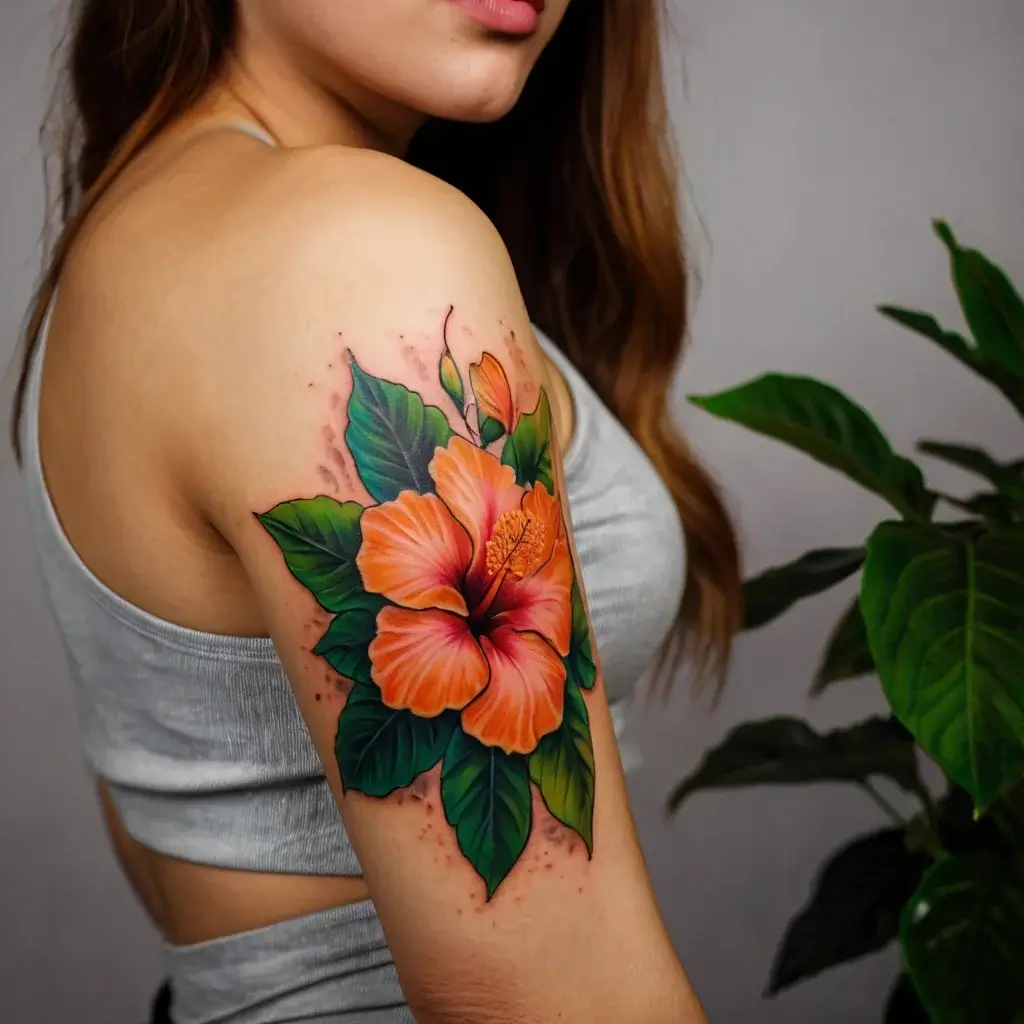 A vibrant hibiscus tattoo on the upper arm in full color, showcasing vivid orange petals and lush green leaves.