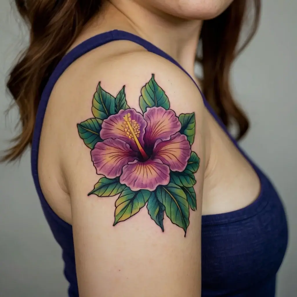 Tattoo of a vibrant purple hibiscus flower with lush green leaves on the upper arm, showcasing detailed shading and bold outlines.