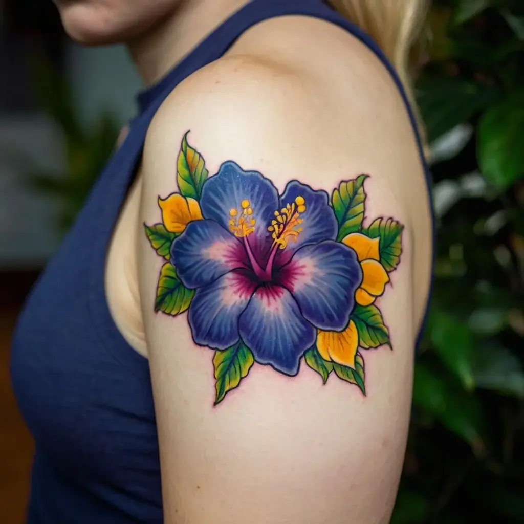 Colorful tattoo of a blue hibiscus with yellow accents and green leaves on the shoulder, showcasing a vibrant, tropical design.