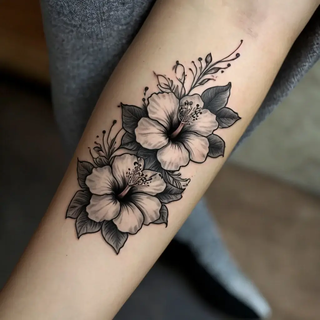 A black and gray tattoo of two hibiscus flowers with detailed leaves, blending realism with delicate linework.