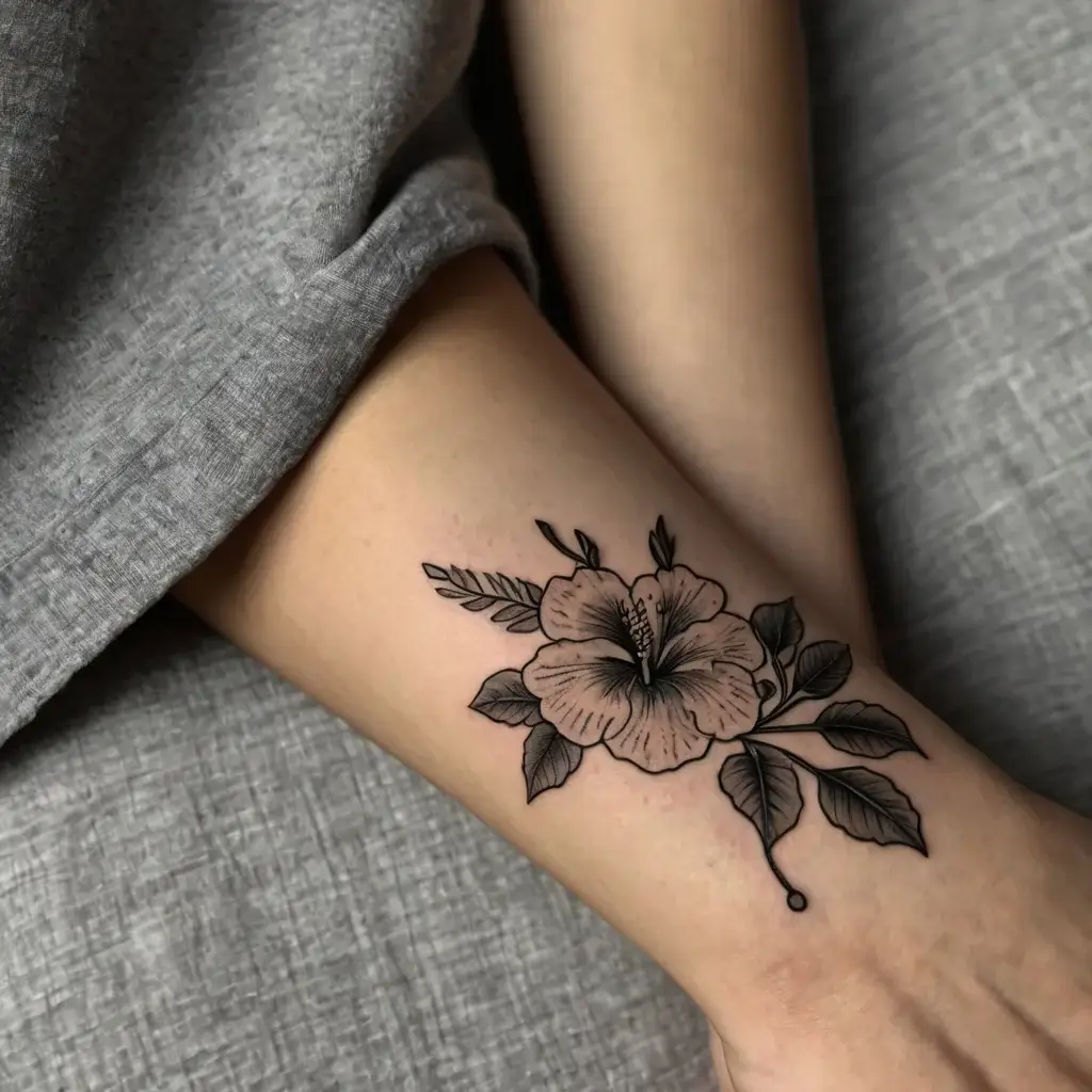 Black and gray hibiscus tattoo on forearm, featuring detailed petals and leaves, symbolizing beauty and grace.