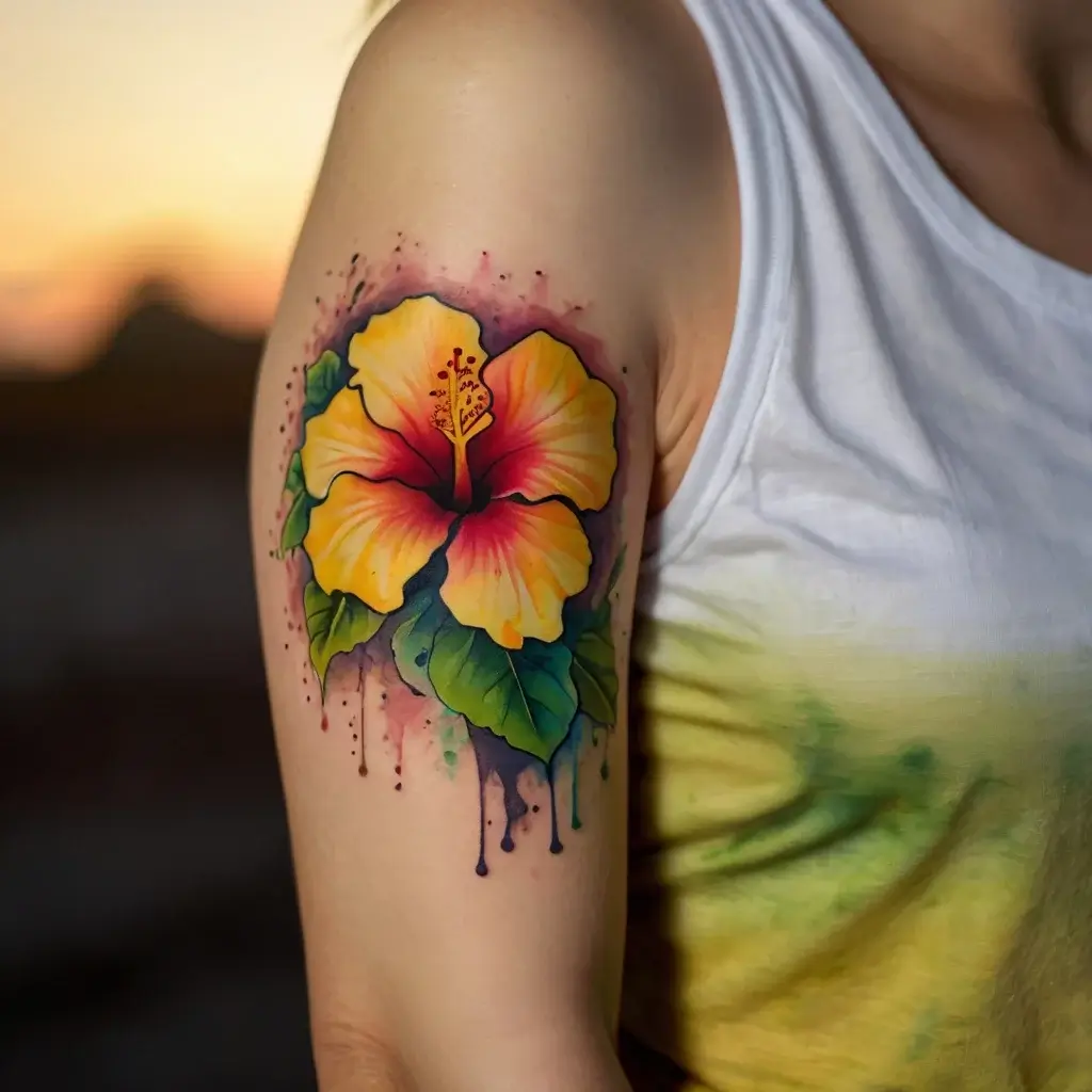 Vibrant watercolor-style tattoo of a yellow and red hibiscus with green leaves and artistic splatter effect on the upper arm.