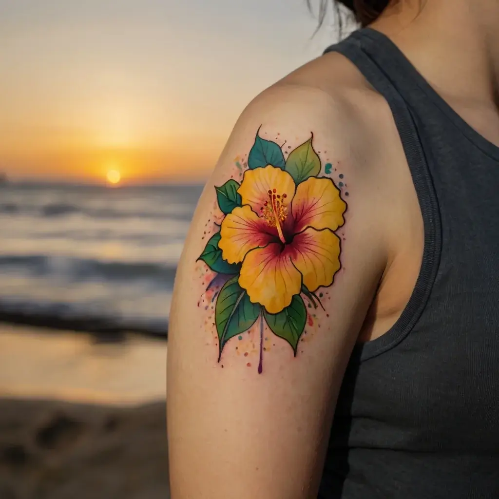 Vivid yellow hibiscus tattoo with green leaves on upper arm, accentuated with pink and blue dots, against a sunset backdrop.