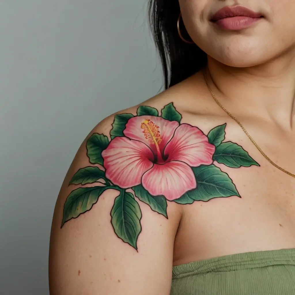 Detailed pink hibiscus tattoo on shoulder, featuring vibrant green leaves and intricate shading for a realistic look.