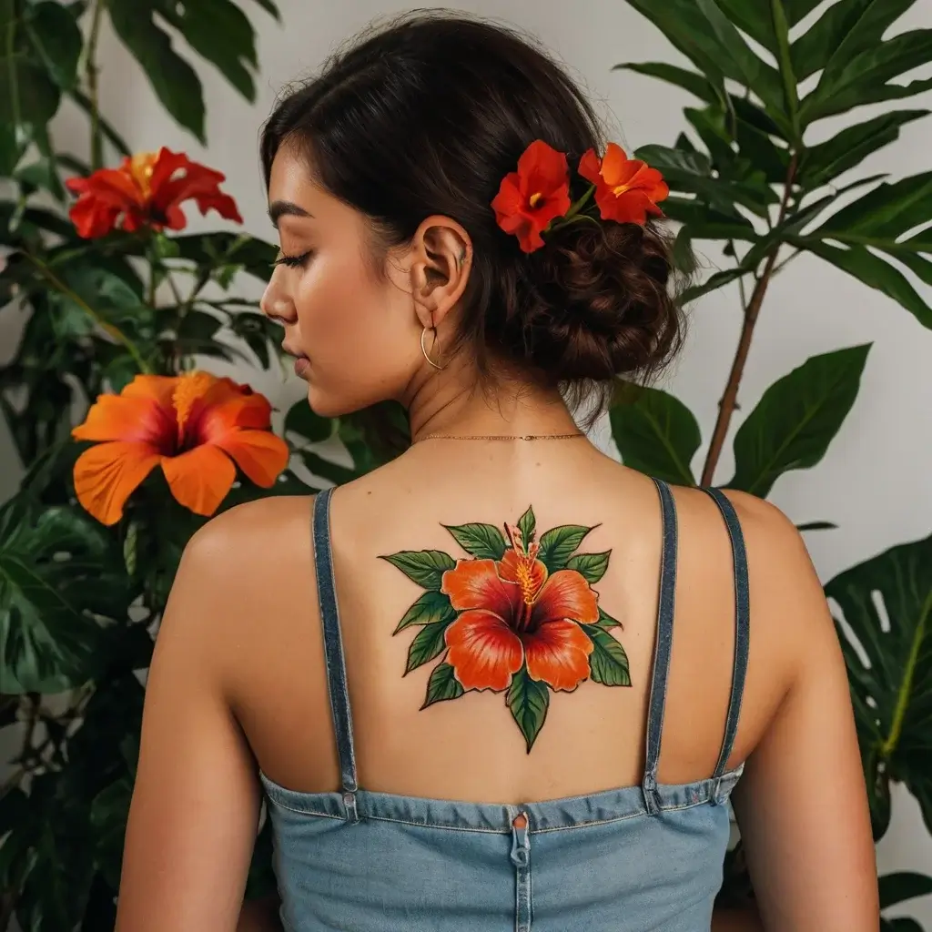 A vibrant hibiscus tattoo on the back, featuring bold orange petals and lush green leaves, exuding tropical elegance.