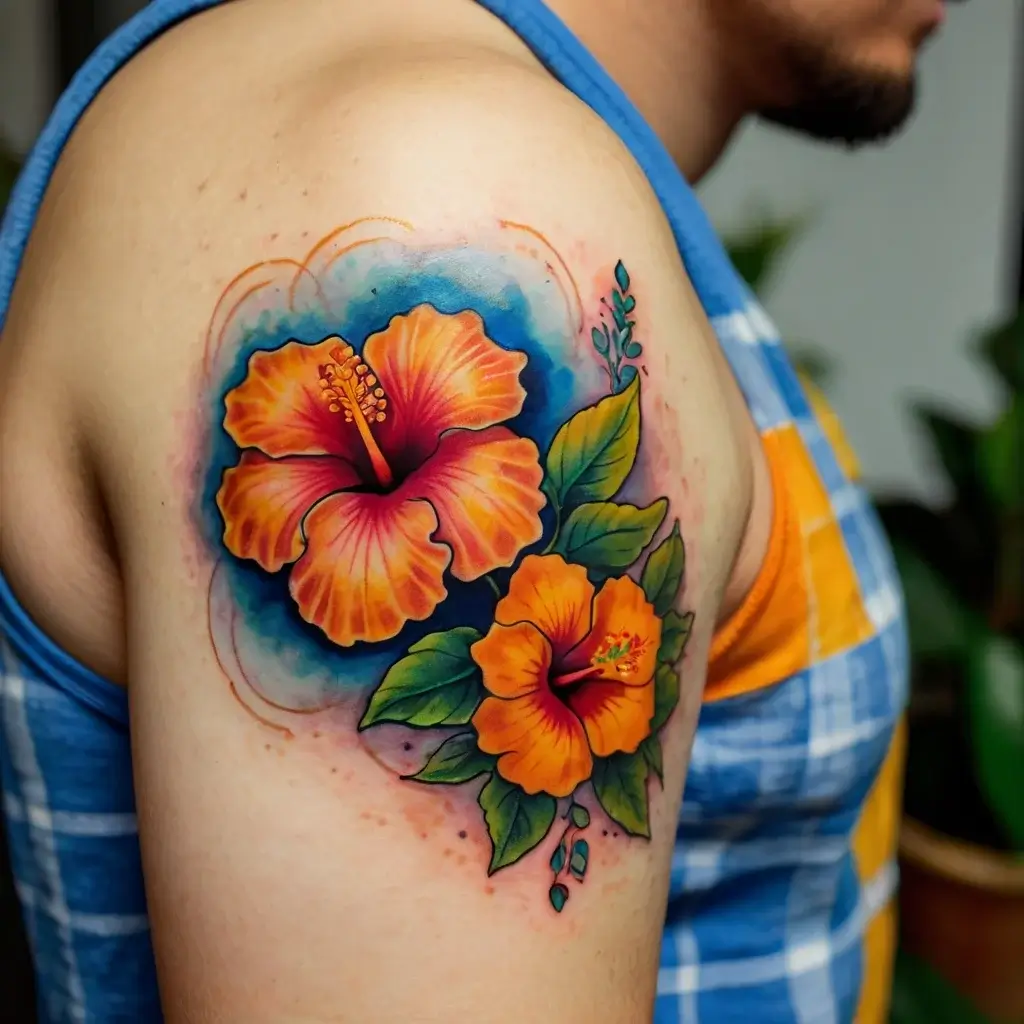 Vibrant hibiscus tattoo on upper arm with vivid oranges and reds, set against a blue background, accented by lush green leaves.