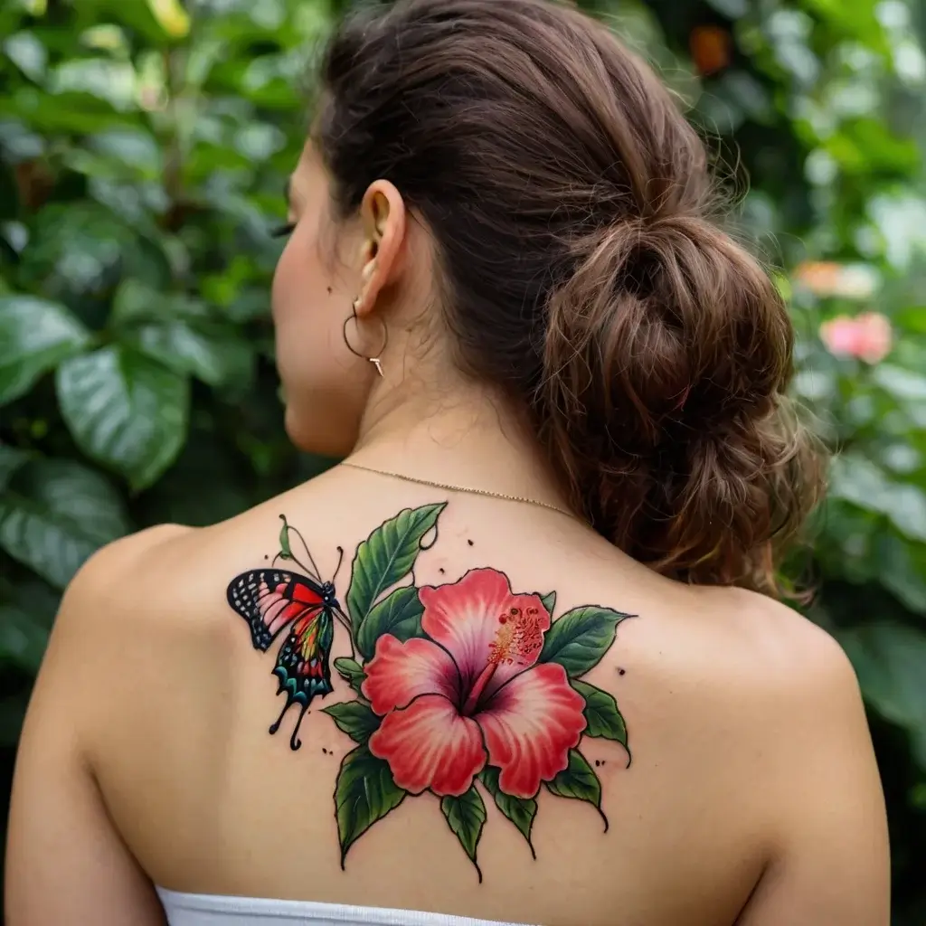 Colorful hibiscus flower and butterfly tattoo on back, symbolizing transformation and beauty amidst lush greenery.