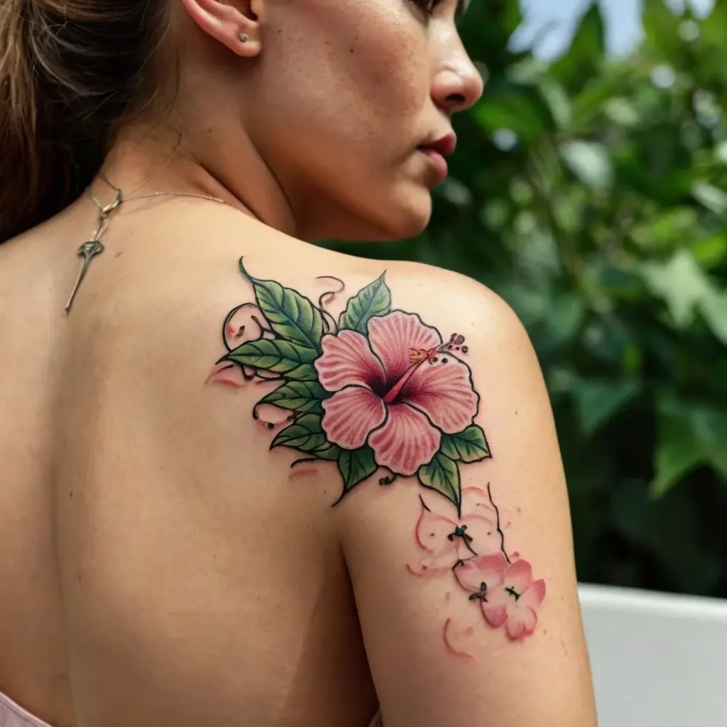 A vibrant hibiscus tattoo with pink petals and lush green leaves, elegantly curved on the shoulder for a natural look.