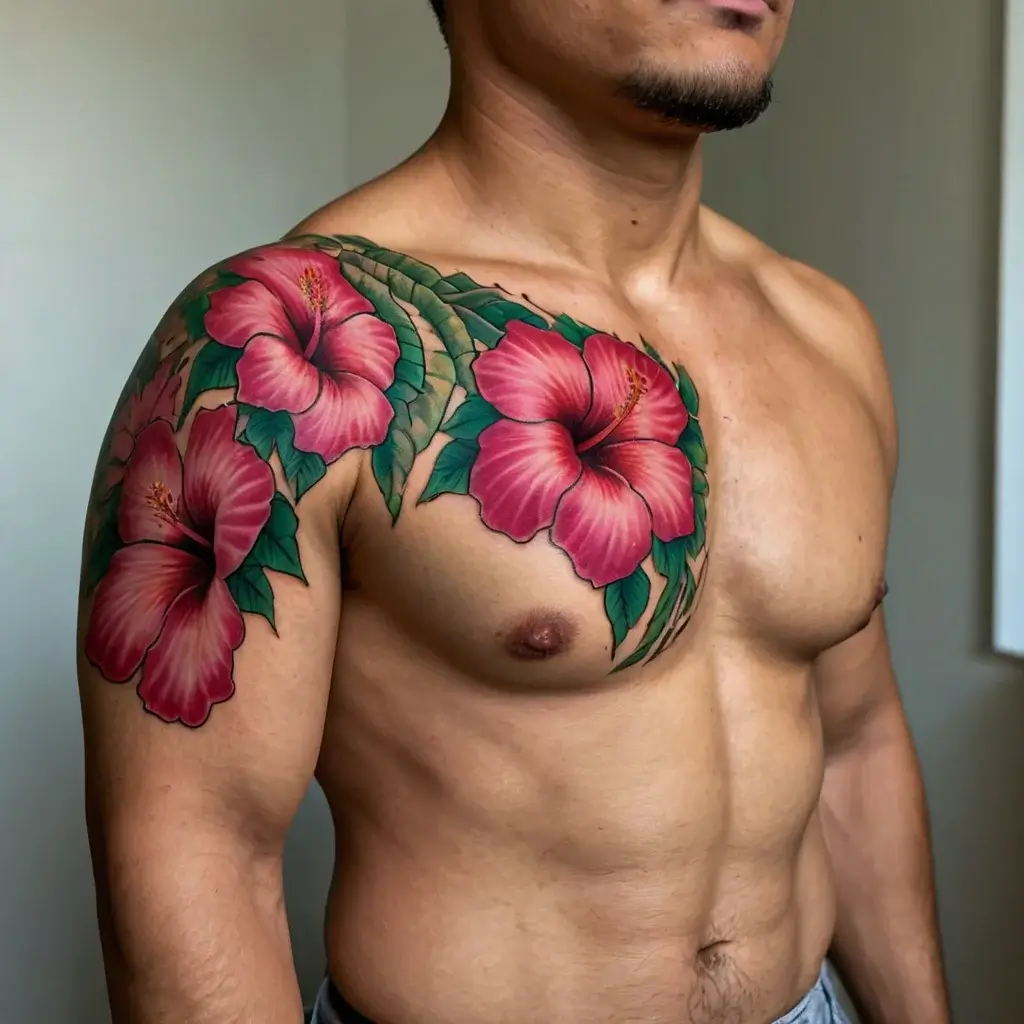 A vibrant hibiscus tattoo in pink and green spans the shoulder and chest, highlighting lush tropical foliage intricately.