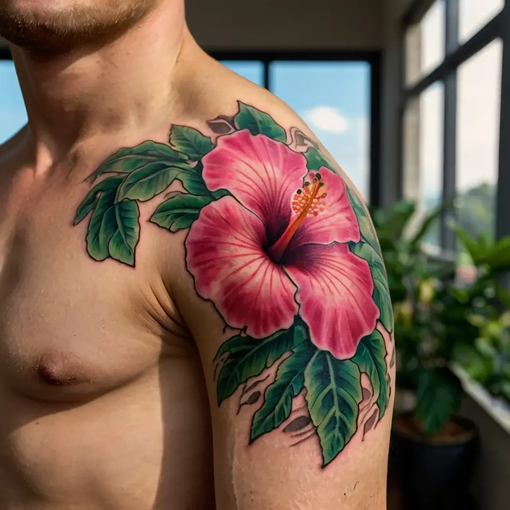 A vibrant tattoo of a pink hibiscus flower with lush green leaves on a shoulder, showcasing intricate shading and detail.