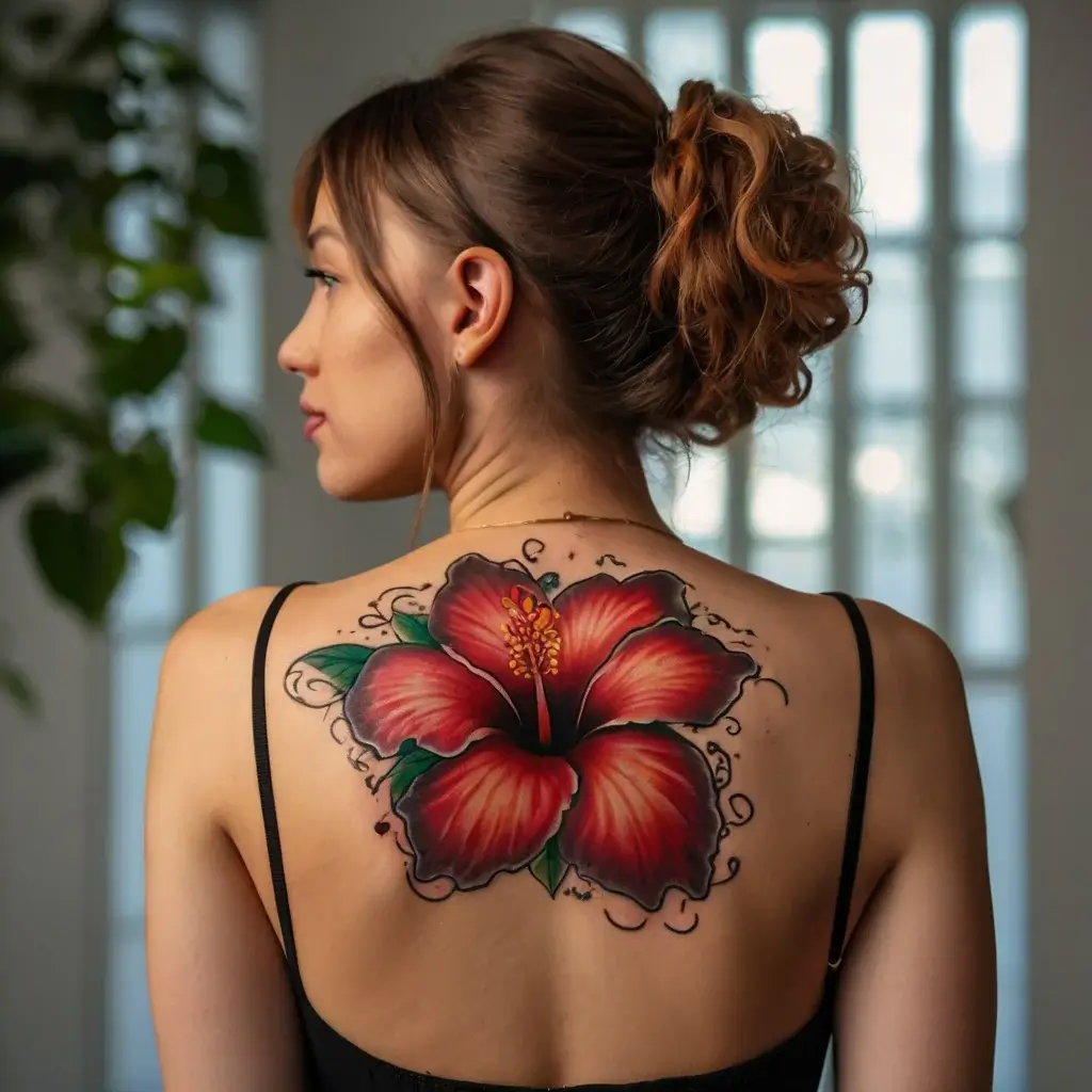 A vibrant red hibiscus tattoo on the upper back, detailed with green leaves and elegant black swirls around the petals.