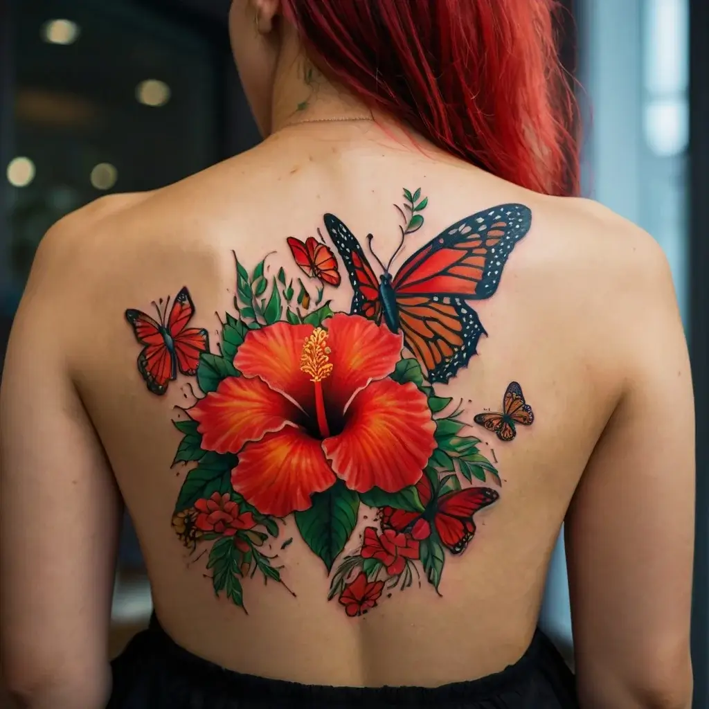 Vibrant tattoo of a large red hibiscus surrounded by orange butterflies and lush green leaves on the back.