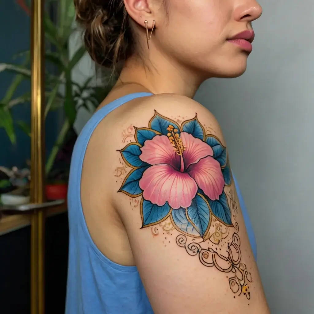 A vibrant hibiscus tattoo with pink petals, blue leaves, and intricate swirling designs on the shoulder.