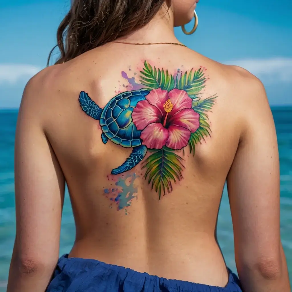 Colorful sea turtle with a pink hibiscus flower and green leaves on the back, blending vivid blues and greens.