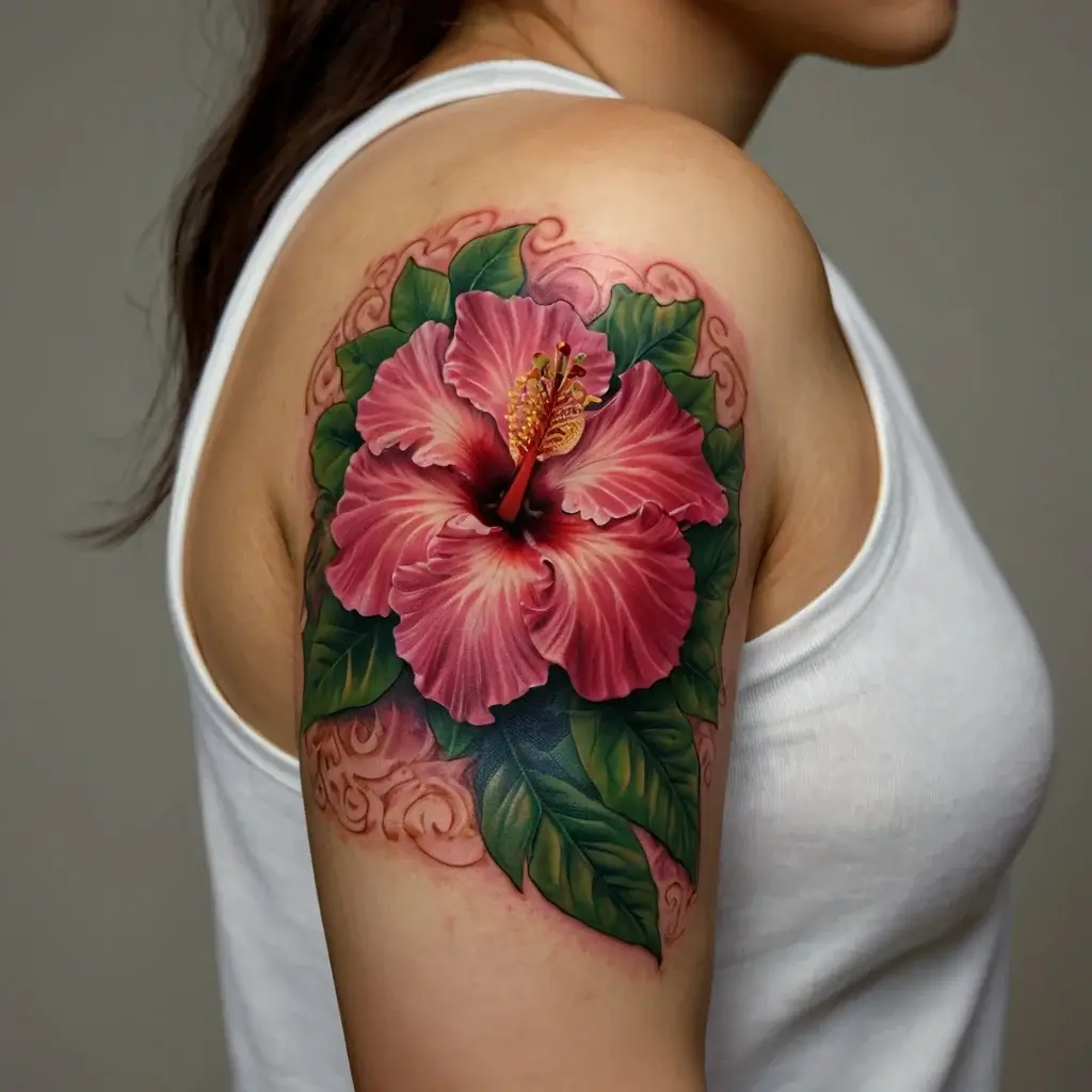 Vivid tattoo of a pink hibiscus with lush green leaves and swirling background on the shoulder. Intricate and vibrant design.