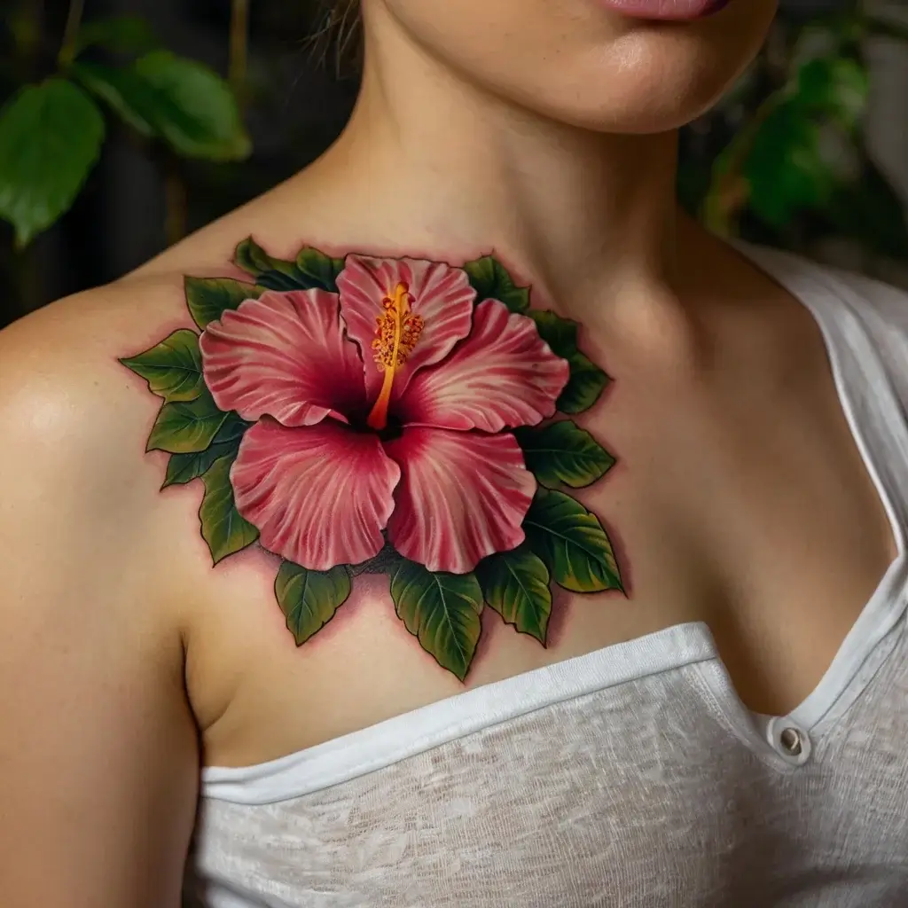 A vibrant pink hibiscus with detailed petals and lush green leaves tattooed on the chest, symbolizing beauty and grace.