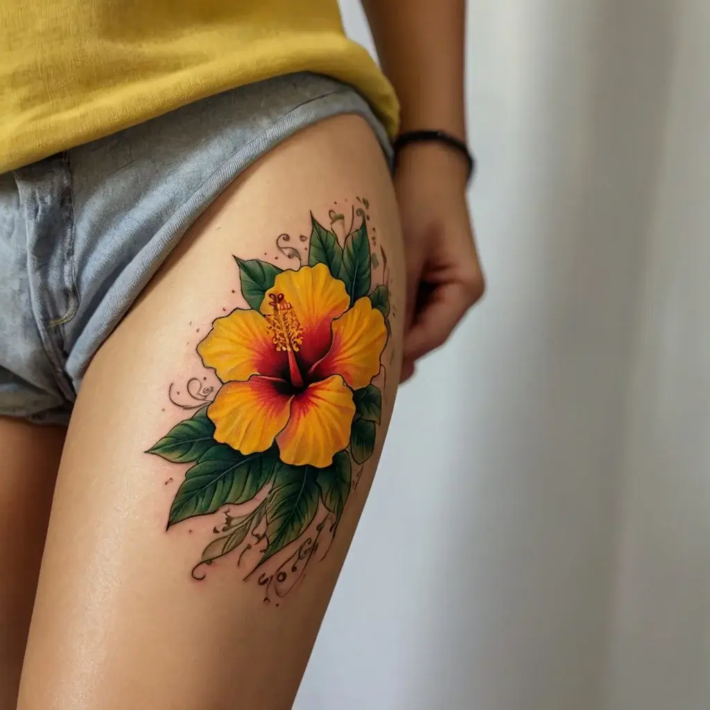 A vibrant hibiscus tattoo featuring a yellow flower with red accents, surrounded by green leaves and delicate swirls.