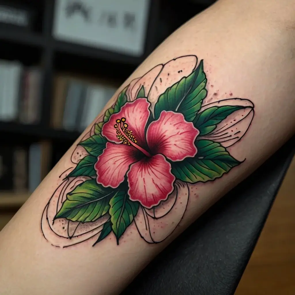 Tattoo of a vibrant pink hibiscus with detailed green leaves and abstract background lines on a forearm.