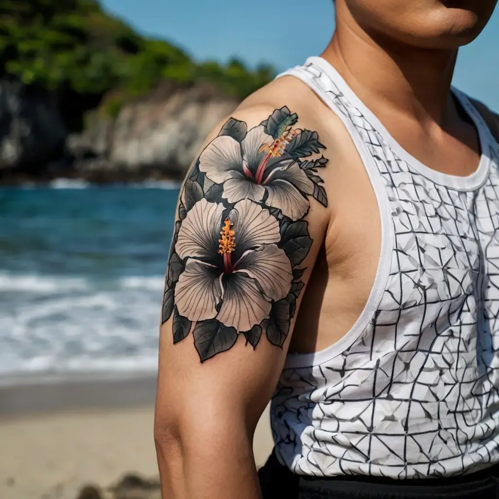 A detailed tattoo of hibiscus flowers on the shoulder, featuring soft shading and vibrant orange stamens, with lush green leaves.