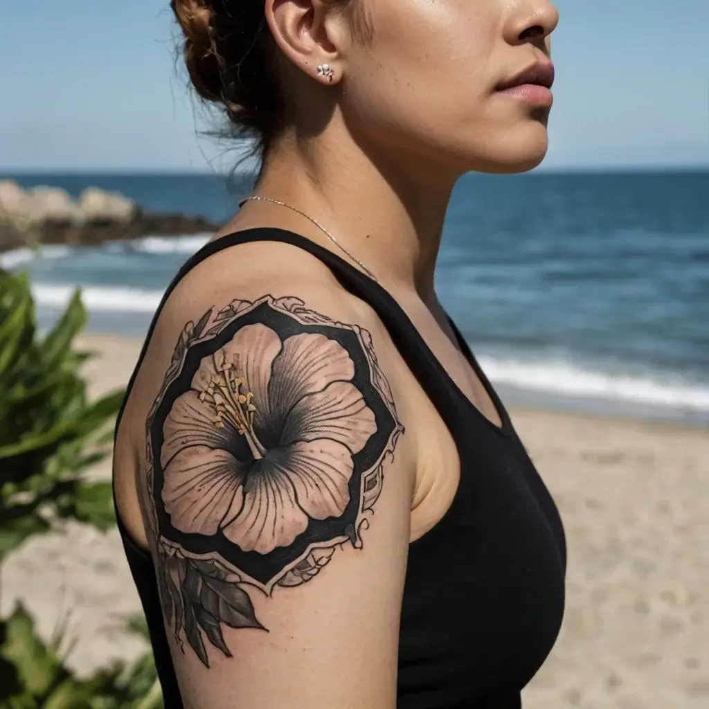 A detailed hibiscus tattoo on the shoulder, featuring intricate shading and a bold dark outline, set against a beach backdrop.